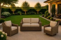 Erwin and Sons Miramar Outdoor Wicker Seating Loveseat, Club Chair, and Swivel Rocker with Sunbrella Cushions