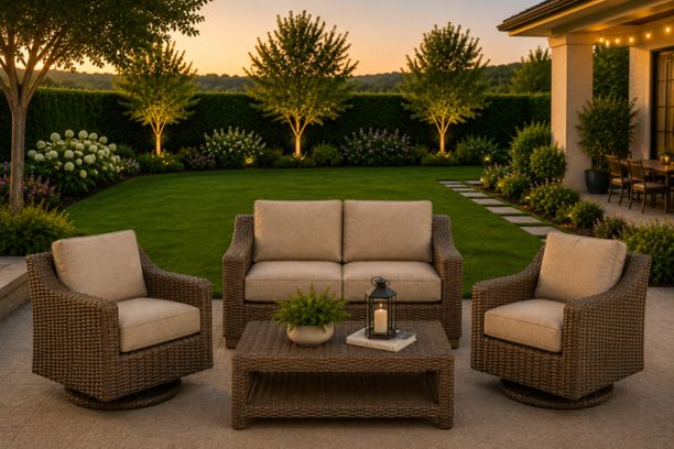 Erwin and Sons Miramar Wicker Patio Seating Group Loveseat and Two Swivel Rockers with Sunbrella Cushions and Coffee Table
