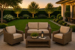 Erwin and Sons Miramar Wicker Patio Seating Group Loveseat and Two Swivel Rockers with Sunbrella Cushions and Coffee Table
