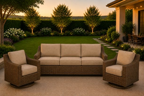 Erwin and Sons Miramar Wicker Patio Seating Sofa and Two Swivel Rockers with Sunbrella Cushions