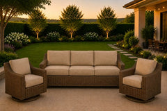 Erwin and Sons Miramar Wicker Patio Seating Sofa and Two Swivel Rockers with Sunbrella Cushions