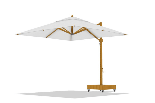 Frankford Umbrella Aurora Cantilever 10x10 Square White Canopy with Golden Oak Frame and Rolling Base Front