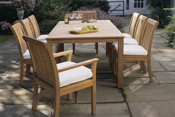 Kingsley Bate Chelsea Hyannis Extension Teak Outdoor Patio Dining Table with Arm Chairs and Side Chairs