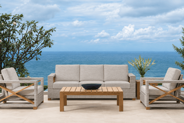 Kingsley Bate Jupiter Teak and All Weather Wicker Outdoor Patio Seating Collection Sofa Club Lounge Chairs with fog grade a cushions