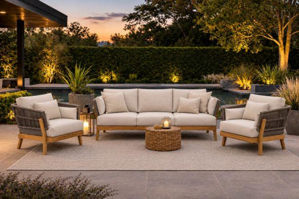 Kona Outdoor Patio Seating Teak with Anthracite Rope Sofa and Two Club Chairs
