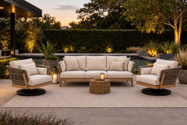 Kona Outdoor Patio Seating Teak with Anthracite Rope Sofa and 2 Swivel Rockers