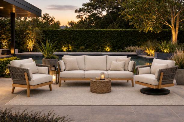 Kona Outdoor Patio Seating Teak with Anthracite Rope Sofa, Club Chair, and Swivel Rocker