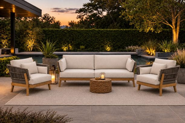 Kona Teak Frame with Rope accents for outdoor patio seating includes sofa and 2 club chairs