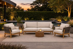 Kona Teak Frame with Rope accents for outdoor patio seating includes sofa and 2 club chairs