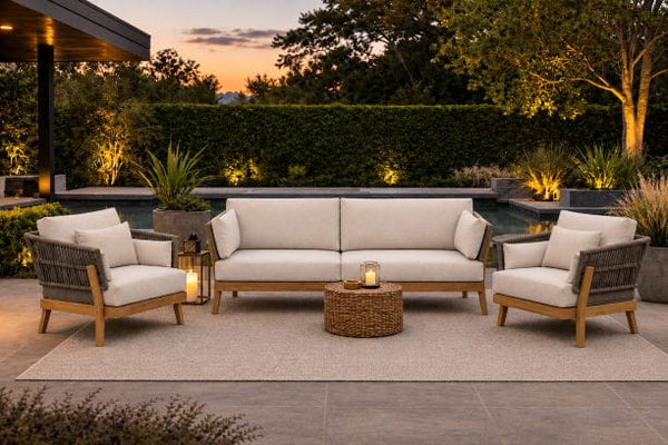 Kona Teak Frame with Rope accents for outdoor patio seating includes sofa and 2 club chairs