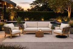 Kona Teak Frame with Rope accents for outdoor patio seating includes sofa with club chair and swivel chair