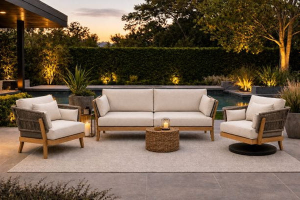 Kona Teak Frame with Rope accents for outdoor patio seating includes sofa with club chair and swivel chair