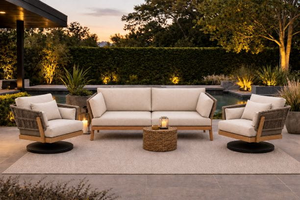 Kona Teak Frame with Rope accents for outdoor patio seating includes sofa and 2 swivel chairs