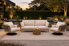 Kona Teak Frame with Rope accents for outdoor patio seating includes sofa and 2 swivel chairs