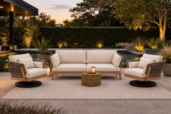 Kona Teak Frame with Rope accents for outdoor patio seating includes sofa and 2 swivel chairs