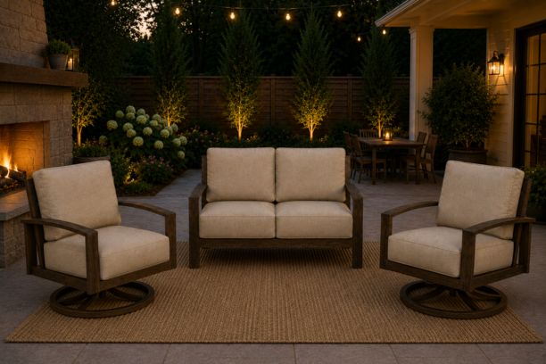 Patio Renaissance Prestige Casual Trellis Aluminum Outdoor Patio Furniture Loveseat and Two Swivel Rockers with Sunbrella Cushions