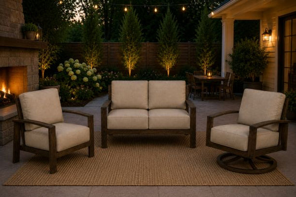 Patio Renaissance Prestige Casual Trellis Aluminum Outdoor Patio Furniture Loveseat, Club Chair, and Swivel Rocker with Sunbrella Cushions