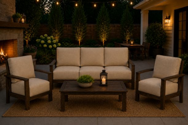 Patio Renaissance Prestige Casual Trellis Aluminum Outdoor Patio Furniture Sofa and Two Club Chairs with Sunbrella Cushions and Coffee Table
