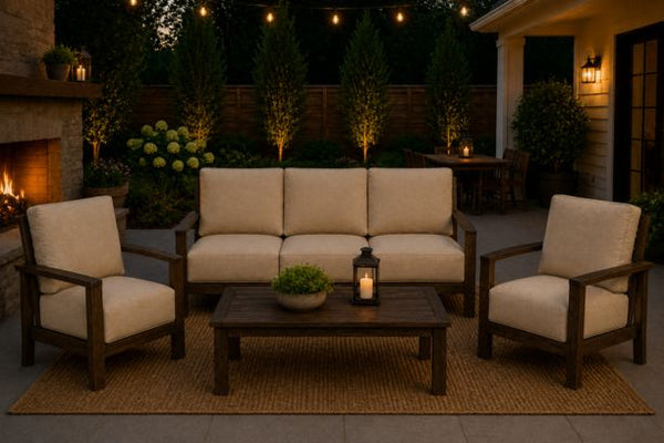 Patio Renaissance Prestige Casual Trellis Aluminum Outdoor Patio Furniture Sofa and Two Club Chairs with Sunbrella Cushions and Coffee Table