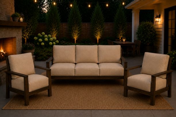 Patio Renaissance Prestige Casual Trellis Aluminum Outdoor Patio Furniture Sofa and Two Club Chairs with Sunbrella Cushions