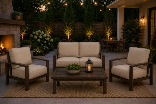 Patio Renaissance Prestige Casual Trellis Aluminum Outdoor Patio Seating Loveseat and Two Club Chairs with Sunbrella Cushions and Coffee Table