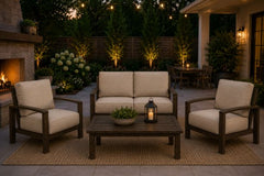 Patio Renaissance Prestige Casual Trellis Aluminum Outdoor Patio Seating Loveseat and Two Club Chairs with Sunbrella Cushions and Coffee Table