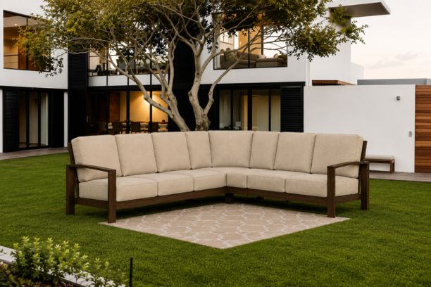 Patio Renaissance Prestige Casual Trellis Aluminum Patio Furniture Corner Sectional with Sunbrella Cushions