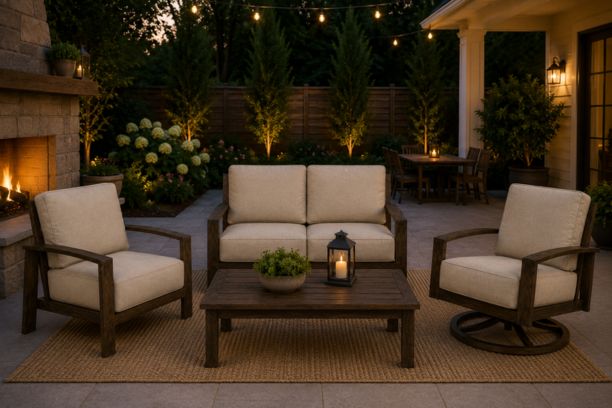 Patio Renaissance Prestige Casual Trellis Aluminum Patio Furniture Loveseat, Club Chair, and Swivel Rocker with Sunbrella Cushions and Coffee Table