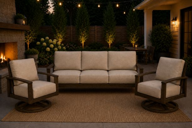 Patio Renaissance Prestige Casual Trellis Outdoor Aluminum Backyard Furniture Sofa and Two Swivel Rockers with Sunbrella Cushions