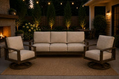 Patio Renaissance Prestige Casual Trellis Outdoor Aluminum Backyard Furniture Sofa and Two Swivel Rockers with Sunbrella Cushions
