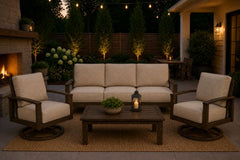 Patio Renaissance Prestige Casual Trellis Outdoor Aluminum Furniture Sofa and Two Swivel Rockers with Sunbrella Cushions and Coffee Table