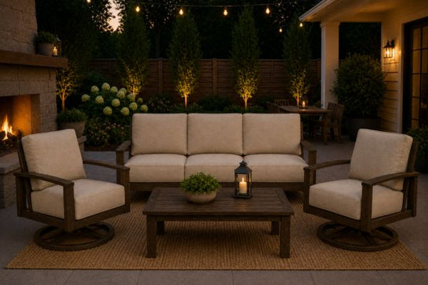 Patio Renaissance Prestige Casual Trellis Outdoor Aluminum Furniture Sofa and Two Swivel Rockers with Sunbrella Cushions and Coffee Table
