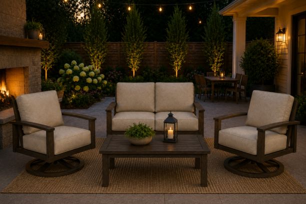 Patio Renaissance Prestige Casual Trellis Outdoor Aluminum Patio Furniture Loveseat and Two Swivel Rockers with Sunbrella Cushions and Coffee Table