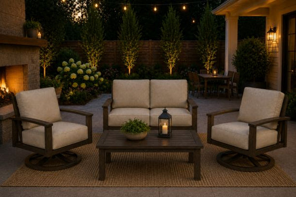 Patio Renaissance Prestige Casual Trellis Outdoor Aluminum Patio Furniture Loveseat and Two Swivel Rockers with Sunbrella Cushions and Coffee Table