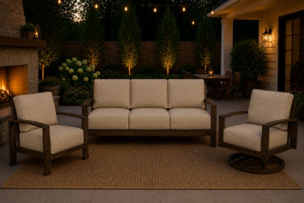 Patio Renaissance Prestige Casual Trellis Outdoor Aluminum Patio Furniture Sofa and Swivel Rocker with Sunbrella Cushions