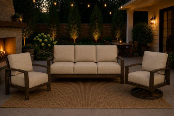 Patio Renaissance Prestige Casual Trellis Outdoor Aluminum Patio Furniture Sofa and Swivel Rocker with Sunbrella Cushions