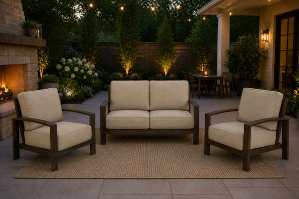 Patio Renaissance Prestige Casual Trellis Outdoor Aluminum Patio Seating Loveseat and Two Club Chairs with Sunbrella Cushions