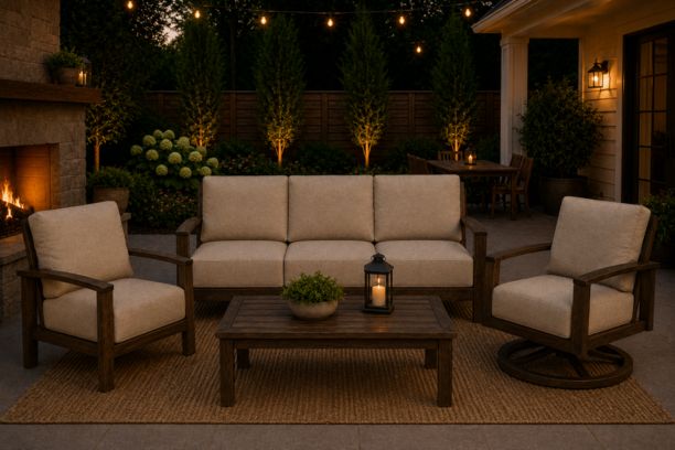Patio Renaissance Prestige Casual Trellis Outdoor Aluminum Patio Seating Sofa, Club Chair, and Swivel Rocker with Sunbrella Cushions and Coffee Table