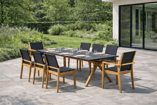 Wailea Teak Outdoor Patio Dining Set Ceramic Top Table and Sling Chairs