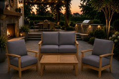 Windrift Grade A Teak Outdoor Patio Seating Loveseat and Two Reclining Club Chairs with Coffee Table
