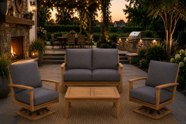 Windrift Grade A Teak Outdoor Patio Seating Loveseat and Two Swivel Rockers with Coffee Table