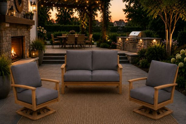 Windrift Grade A Teak Outdoor Patio Seating Loveseat and Two Swivel Rockers
