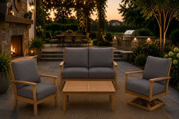 Windrift Grade A Teak Outdoor Patio Seating Loveseat Reclining Club Chair and Swivel Rocker with Coffee Table