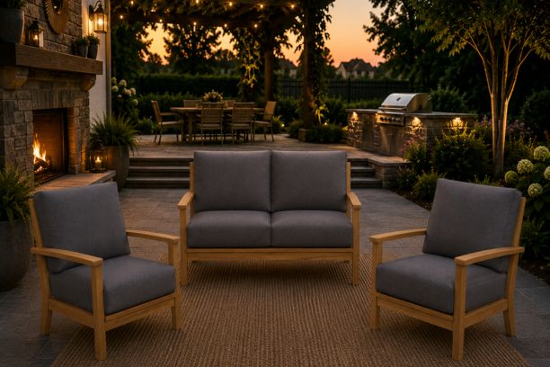 Windrift Grade A Teak Outdoor Seating Collection Loveseat and Two Reclining Club Chairs