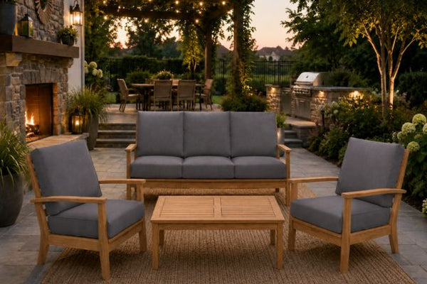 Windrift Grade A Teak Outdoor Seating Sofa and Two Reclining Club Chairs with Coffee Table