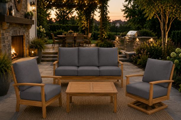 Windrift Grade A Teak Outdoor Seating Sofa Club Chair Swivel Rocker and Coffee Table