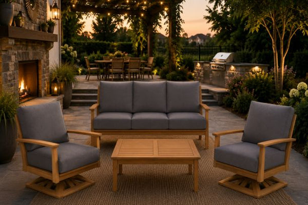 Windrift Grade A Teak Seating Collection Sofa With Two Swivel Rockers and Coffee Table