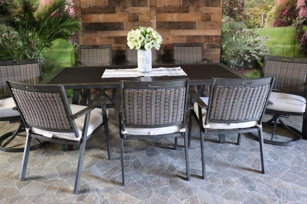 Agio Addison Aluminum Resyta Dining Outdoor Patio Dining Table Chairs Swivel For Eight Outdura