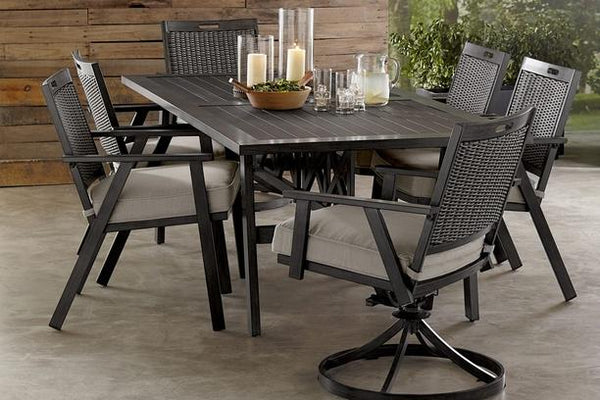 Agio Addison Aluminum Resysta Outdoor Dining Patio Table Chairs Swivel For Six Outdura Cushions