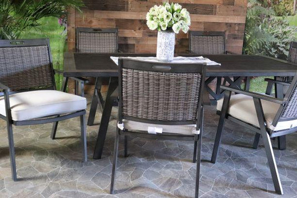Agio Addison Aluminum Resyta Patio Dining Outdoor Table Dining Chairs For Six Outdura Cushions